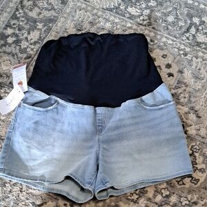 Isabel Maternity High Waist Denim Shorts - Light Blue and Black